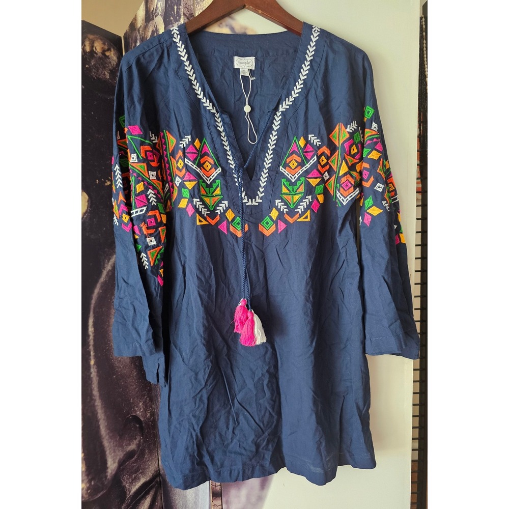 Mud Pie Navy Embroidered Tunic Top Boho‎ Colorful Swimsuit Cover Size Medium